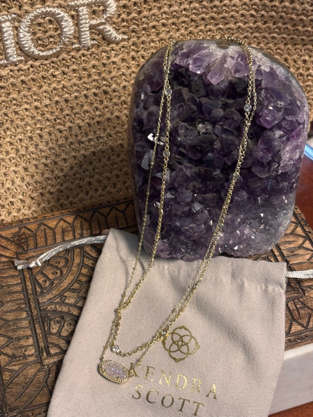 Kendra Scott Elisa Yellow Gold Double-Layer Necklace with White Druzy Pendant